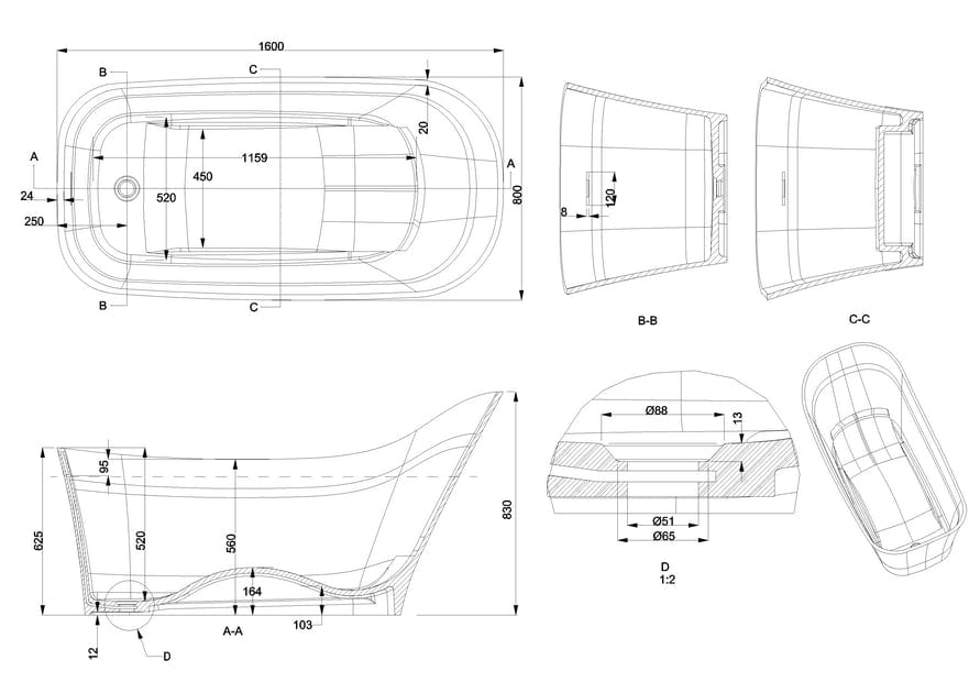 Britton Modern Freestanding Bath Britton Nebbia Natural Stone Freestanding Slipper Bath - 1600 x 800mm - in White