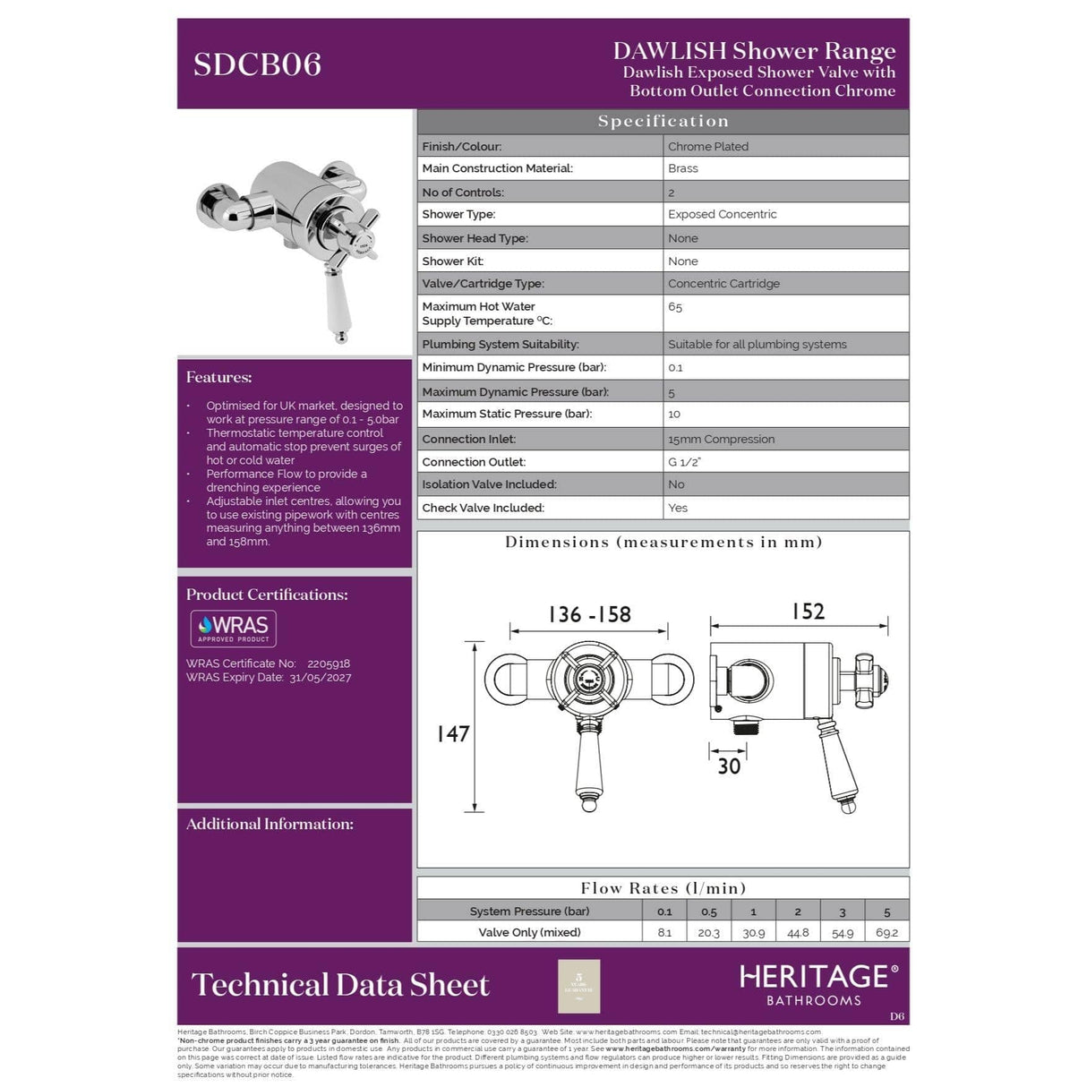 Heritage Exposed Shower Valve Heritage Dawlish Exposed Thermostatic, I Outlet, 2 Handle Shower Valve