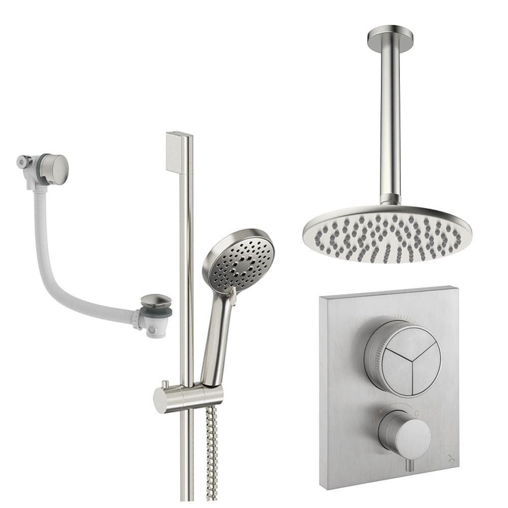 UK Bathroom Store Concealed Shower Set Brushed Nickel / Ceiling Arm / 200mm Crosswater Crossbox Push Shower Set 8 - 3 Outlet with Fixed Overhead Shower, Slide Rail Kit and Overflow Bath Filler Waste