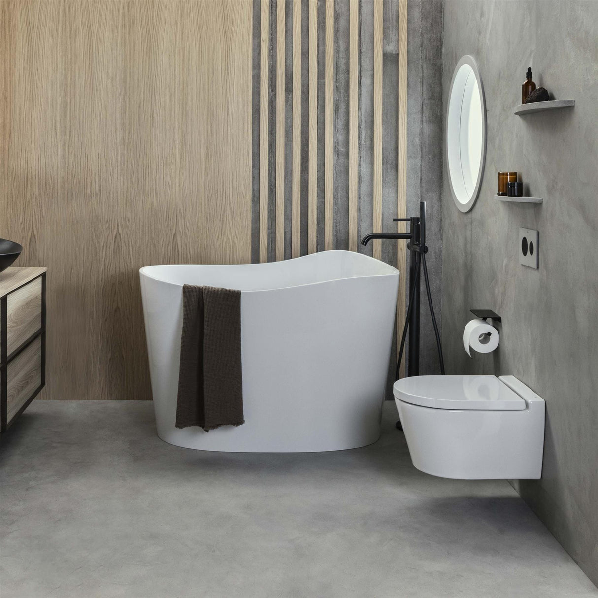 Roca Modern Freestanding Bath Roca Ohtake Oval Freestanding Stonex® Oval Japanese Bath with Click-Clack Waste