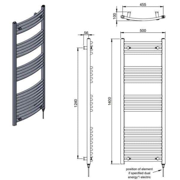 Vogue 1400 x 500 / Electric Only Vogue Combes Curved Ladder Towel Rail in Chrome