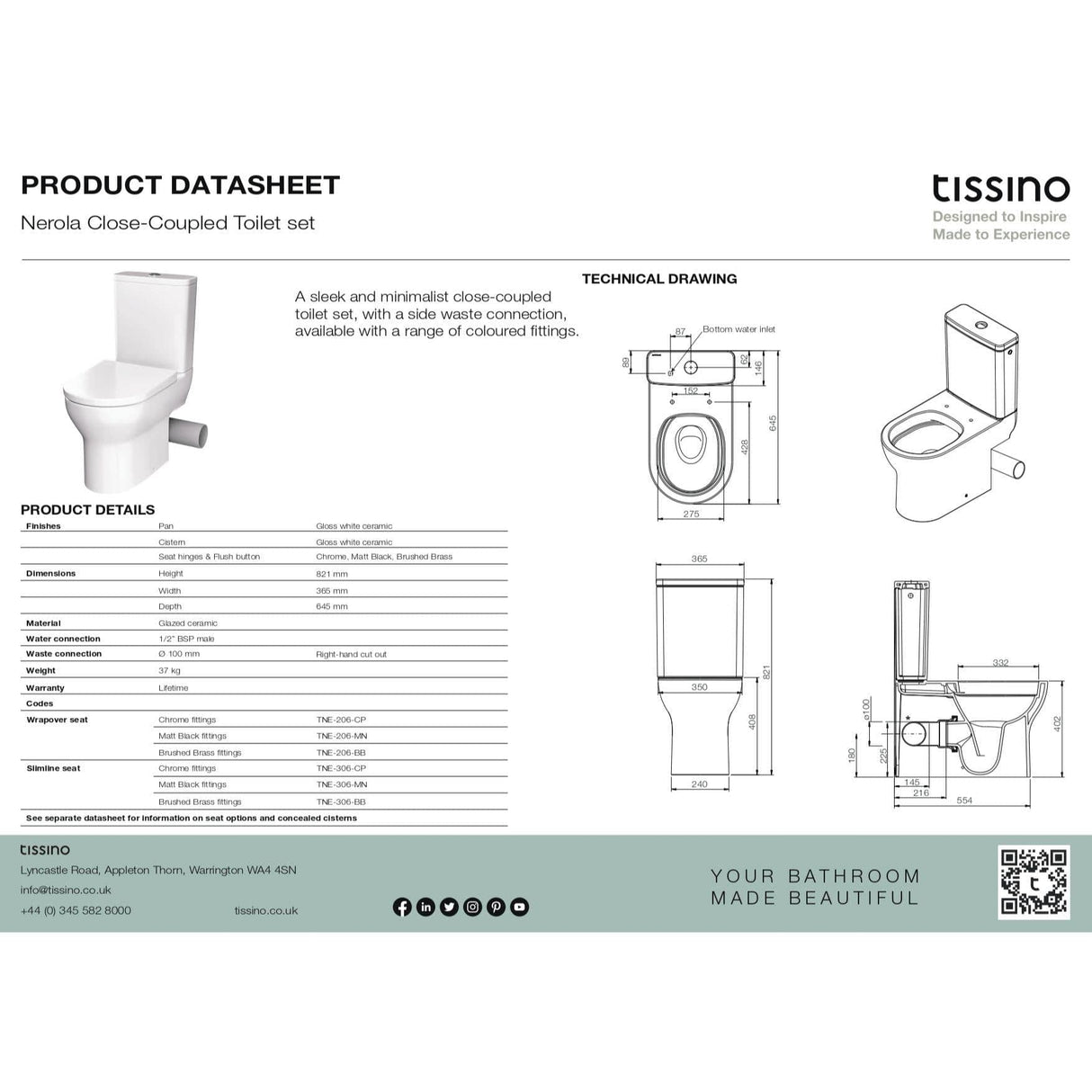 Tissino Close Coupled Toilet Tissino Nerola Rimless Closed Coupled Toilet - Right or Left Soil Exit - with Soft Close Wrapover Seat