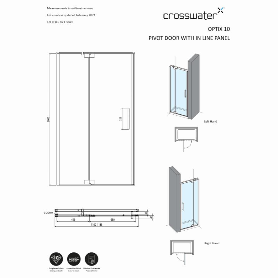 Crosswater Pivot Shower Door Crosswater Optix 10 Pivot Door with Inline 1200mm in Brushed Brass