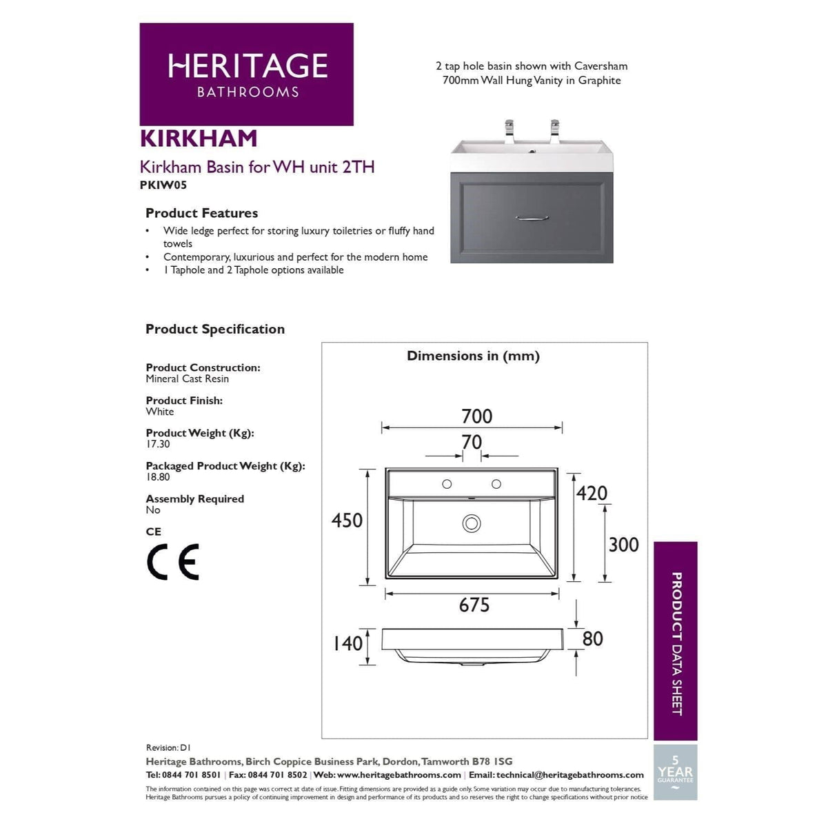 Heritage Wall Mounted Vanity Unit Heritage Caversham Wall Mounted Vanity Unit with Basin or Worktop - 700mm - Two Drawer