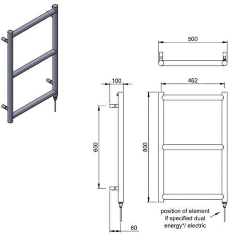 Vogue Ladder Rail 800 x 500 / Dual Fuel Vogue Grace Straight Designer Towel Rail in Chrome