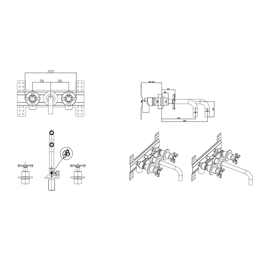 Burlington Riviera Wall Mounted 3 Hole Basin Mixer Tap