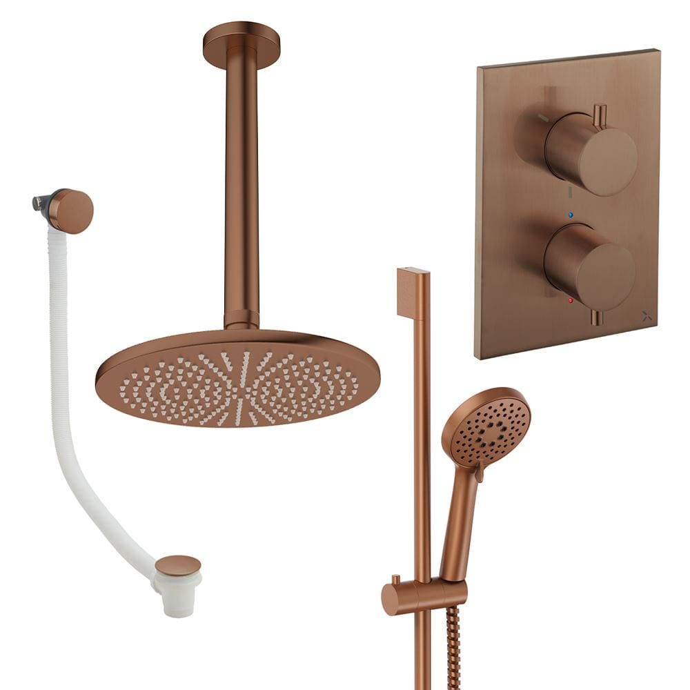 UK Bathroom Store Concealed Shower Set Brushed Bronze / Ceiling Arm / 300mm Crosswater Crossbox Shower Set 10 - 3 Outlet with Fixed Overhead Shower, Slide Rail Kit and Overflow Bath Filler Waste
