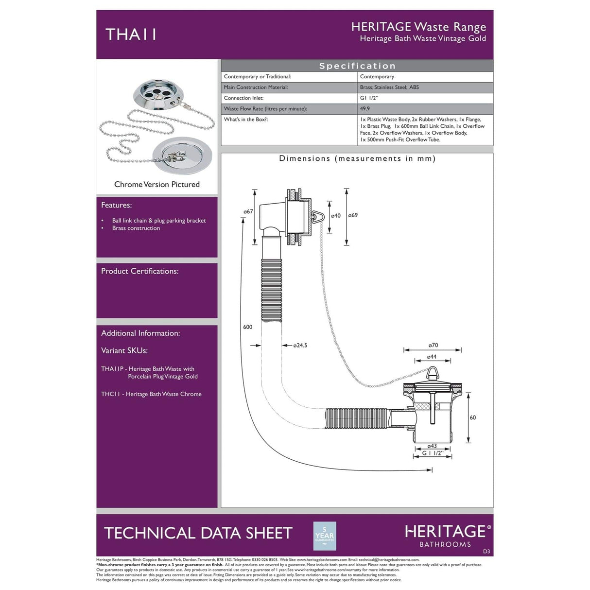 Heritage Bath Waste Heritage Bath Waste with Stowaway Plug and Chain