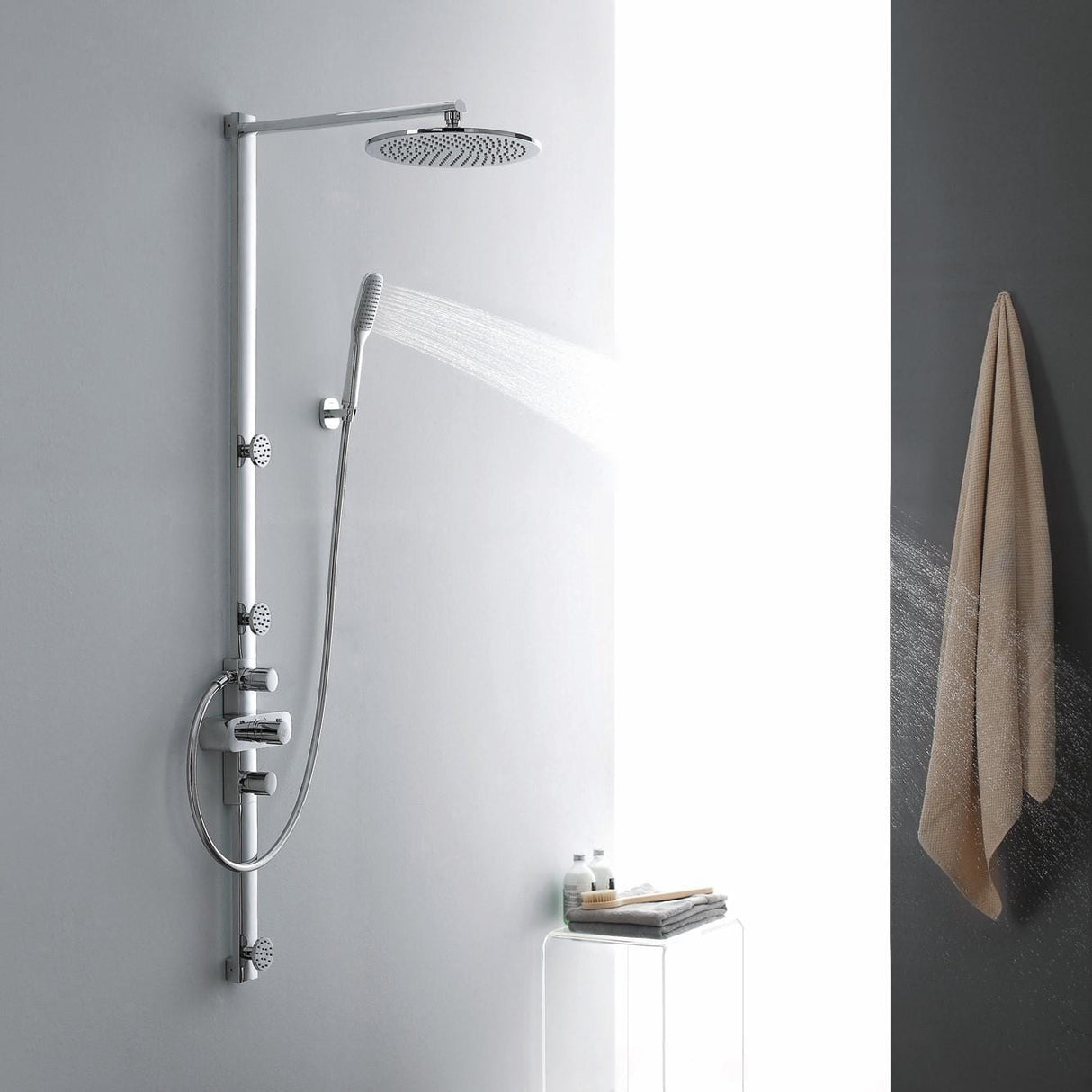 Flova Shower Set Flova Allore Thermostatic Shower Column with Hand Shower Set, Body Jets and Over Head Shower - Chrome