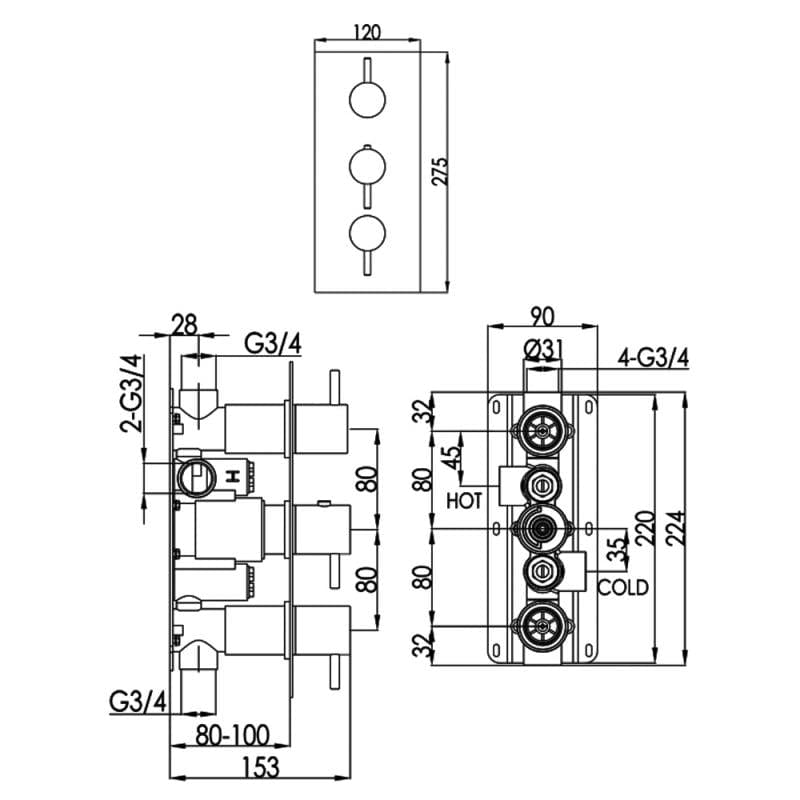 JTP Concealed Shower Valve JTP VOS 2 Outlet, 3 Handle, Concealed Thermostatic Shower Valve