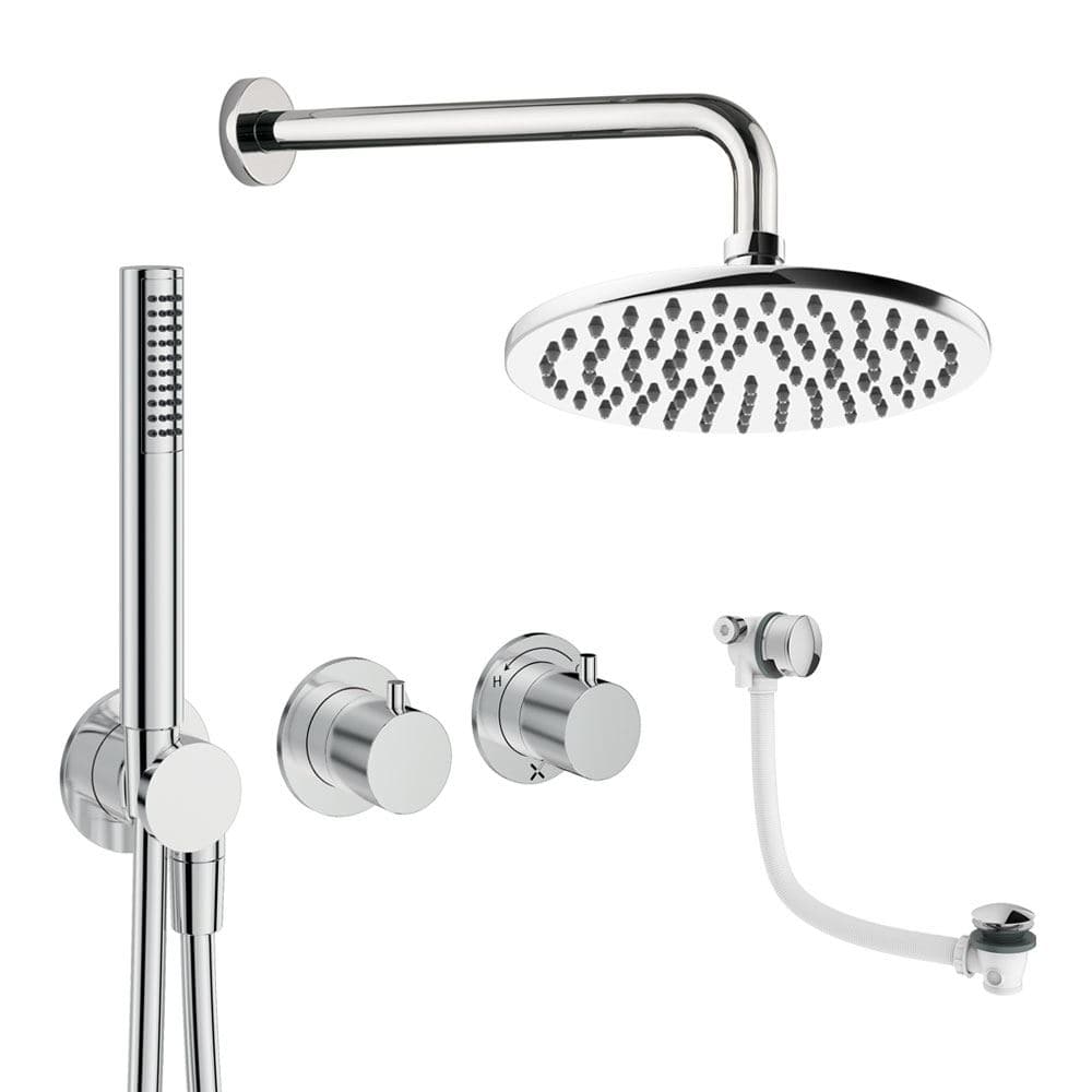 UK Bathroom Store Concealed Shower Set Chrome / Wall Arm / 200mm Crosswater Module Shower Set 9 - 3 Outlet with Pencil Handset, Overhead Shower and Overflow Filler