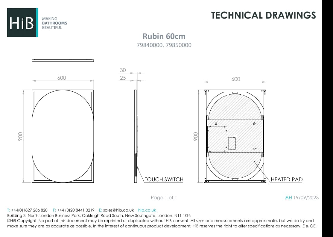HiB Illuminated Mirror 600 x 900mm / Black HiB Rubin LED Illuminated Mirror