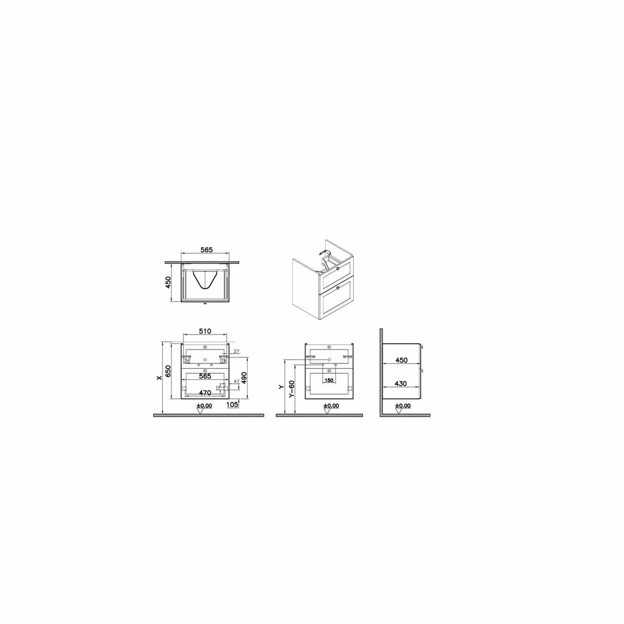 VitrA Root Classic Wall Mounted 2 Drawer 600mm Vanity Unit with One Tap Hole Basin