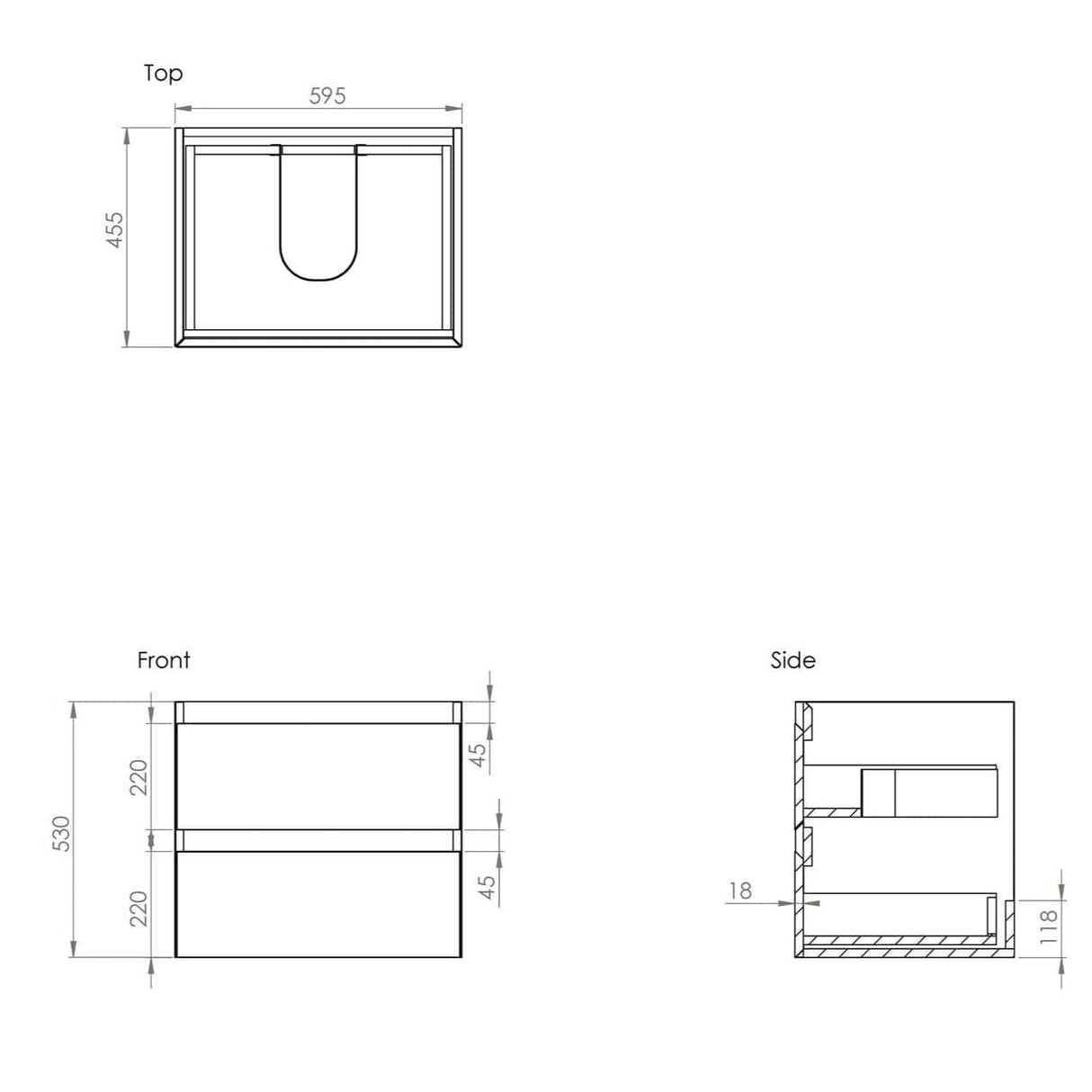 Saneux Wall Mounted Vanity Unit Saneux Uni Vanity Unit With Basin - 600 x 470mm - Two Drawer - Wall Mounted