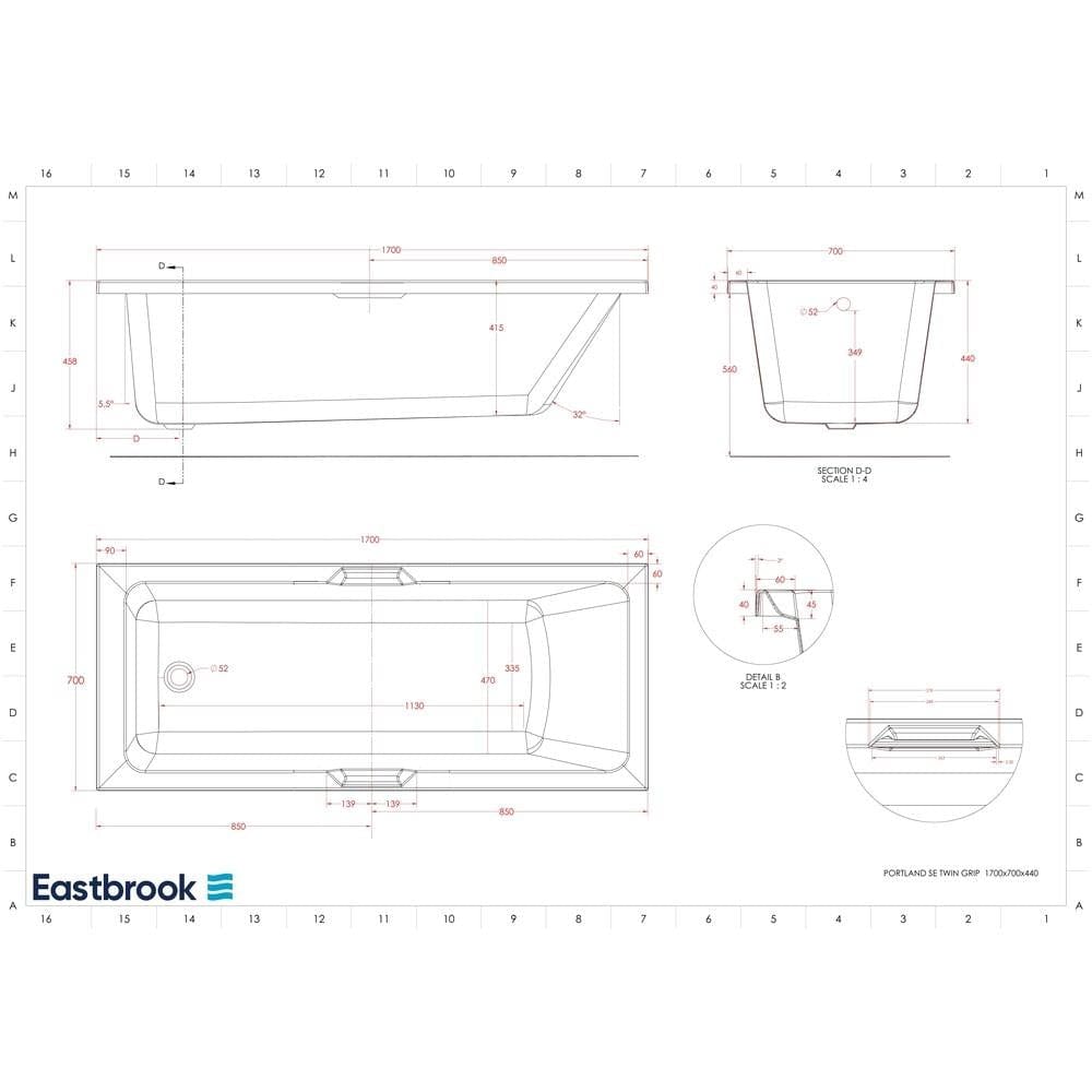 Eastbrook Double Ended Bath 1700 x 750mm / Reinforced Eastbrook Portland Double Ended Bath with Single Grip
