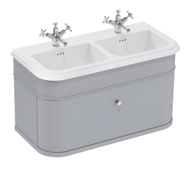 Burlington Double Sink Vanity Unit Classic Grey / Ceramic Basin - 3 Tap Hole / Chrome Burlington Chalfont 1000mm Wall Mounted Single Drawer Vanity Unit with Double Basin