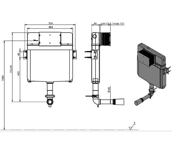 Saneux Concealed Cistern Saneux Flushe 2.0 732/85mm Ultra Slim Concealed Cistern with Front Flush