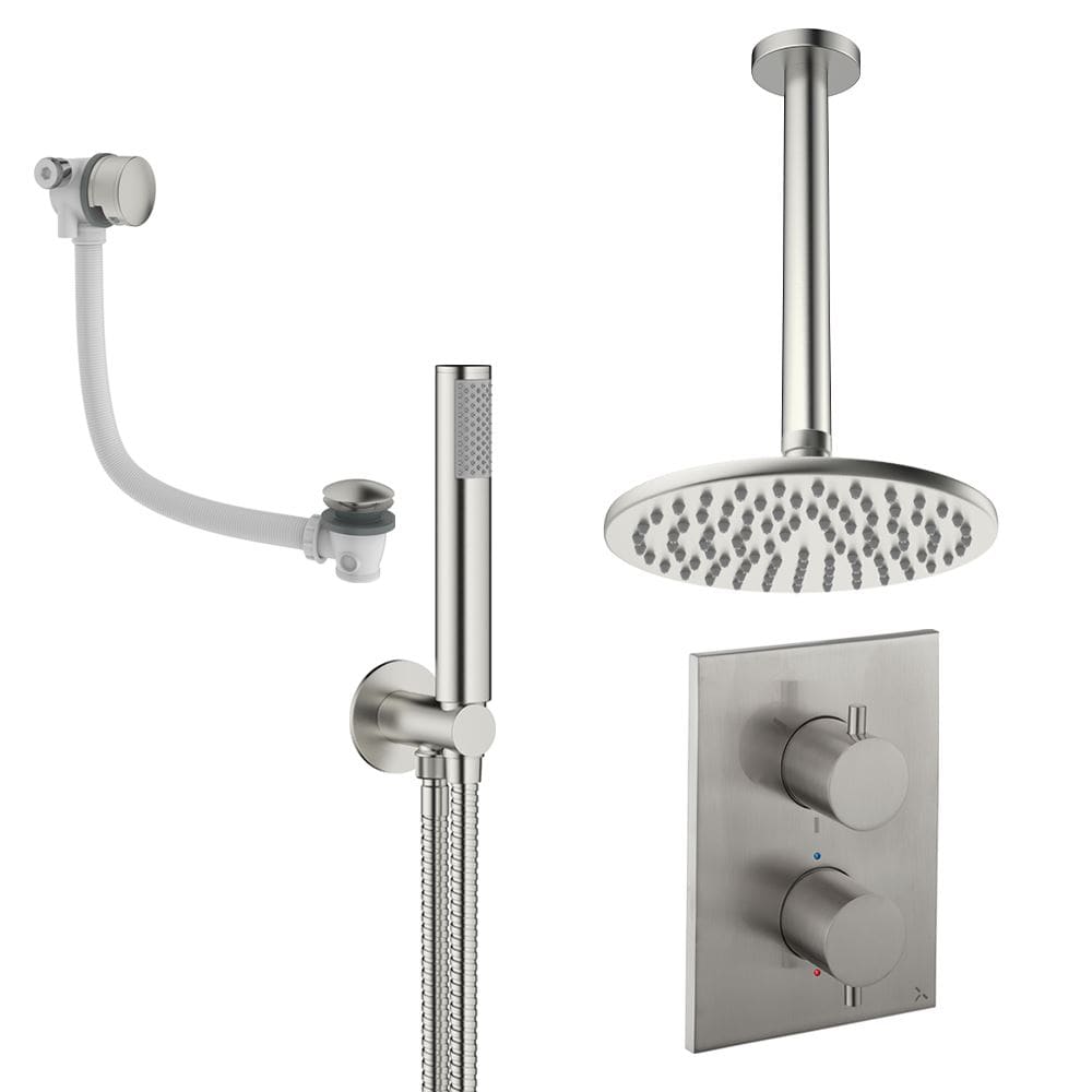 UK Bathroom Store Concealed Shower Set Brushed Nickel / Ceiling Arm / 200mm Crosswater Crossbox Shower Set 9 - 3 Outlet with Fixed Overhead Shower,Pencil Handset and Overflow Bath Filler Waste