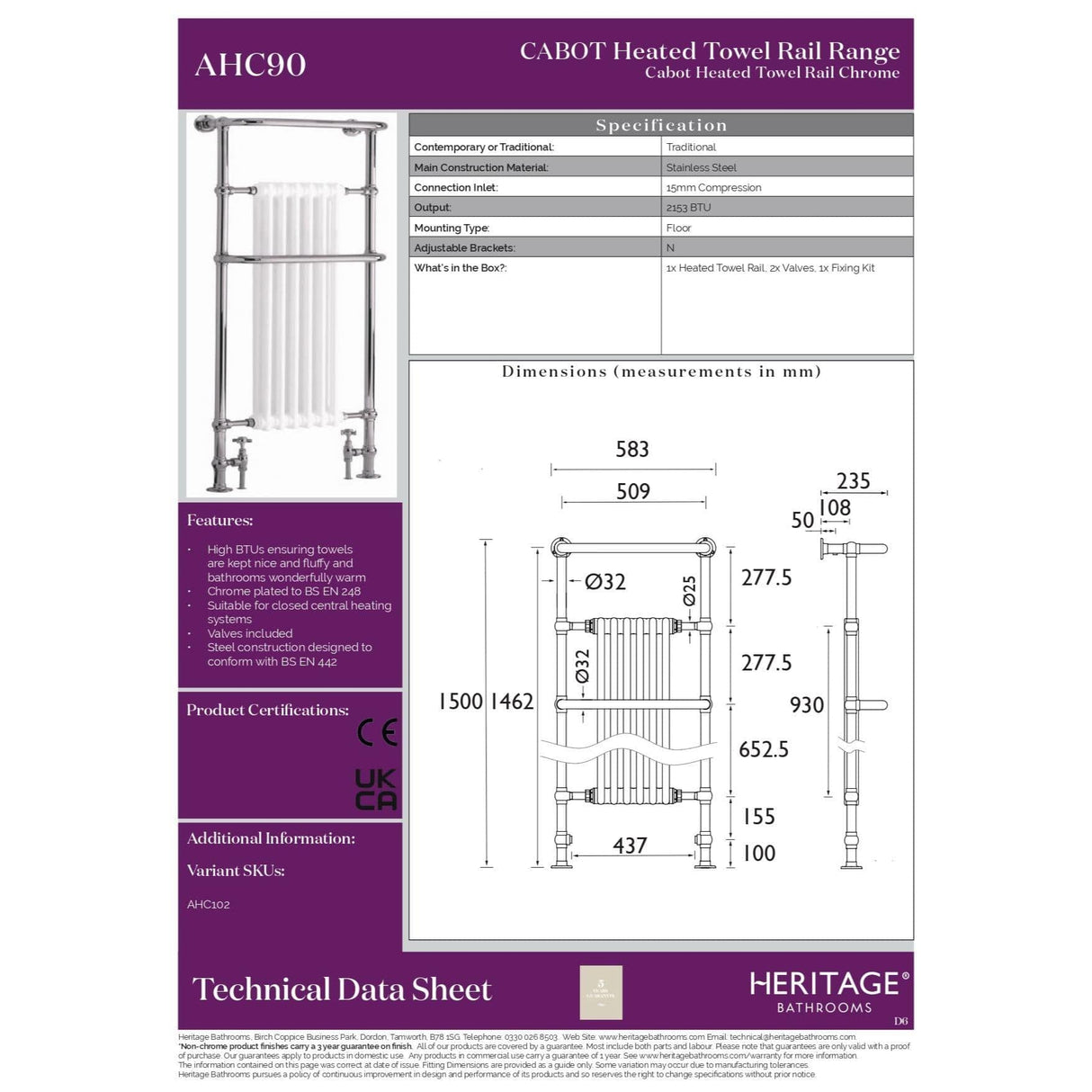 Heritage Insert Radiator Heritage Cabot Floor Mounted Traditional Radiator - 1500 x 580mm - Chrome/White