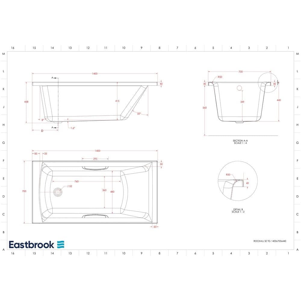 Eastbrook Single Ended Bath 1400 x 700mm / 5mm Eastbrook Rockall Single Ended Bath with Twin Grips