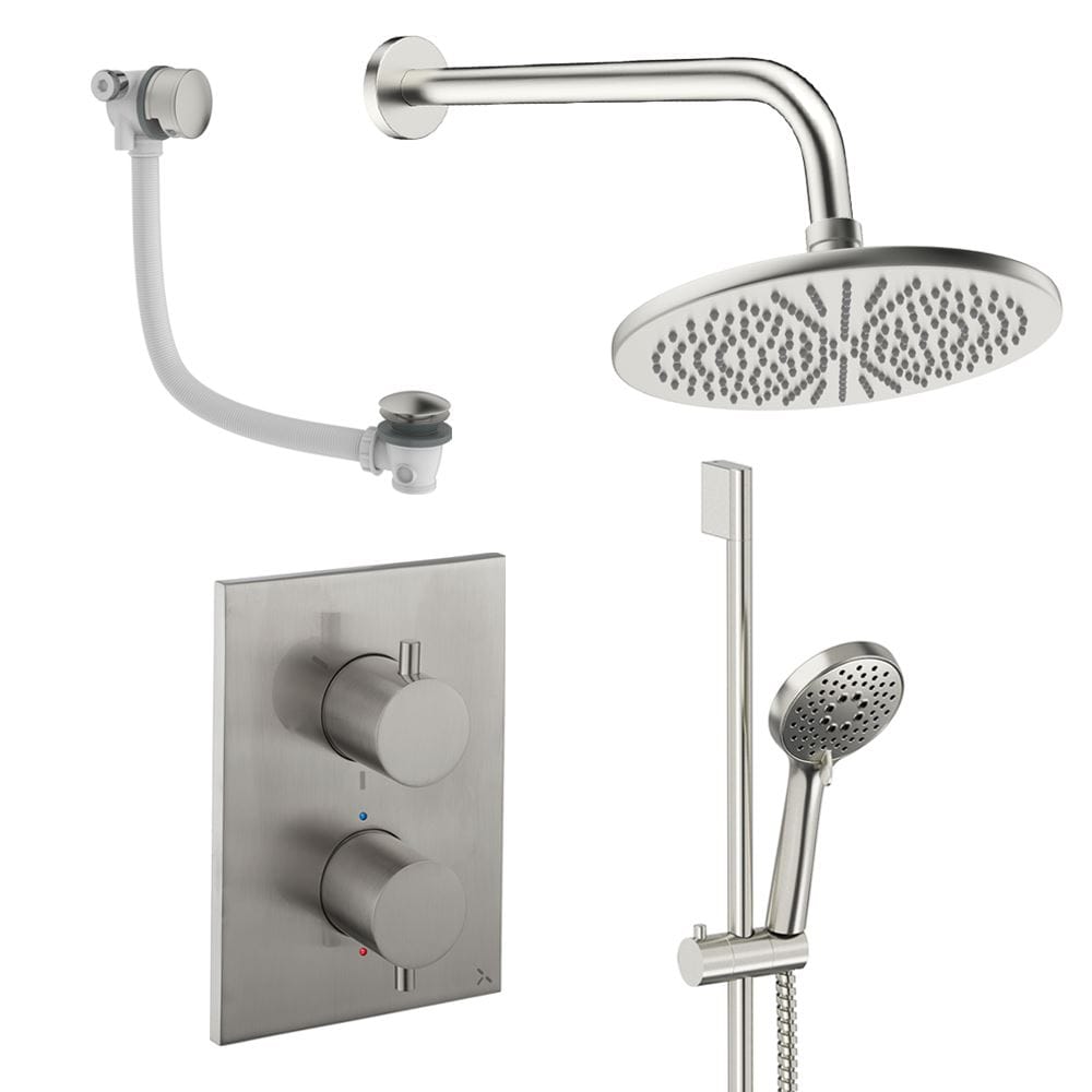 UK Bathroom Store Concealed Shower Set Brushed Nickel / Wall Arm / 300mm Crosswater Crossbox Shower Set 10 - 3 Outlet with Fixed Overhead Shower, Slide Rail Kit and Overflow Bath Filler Waste