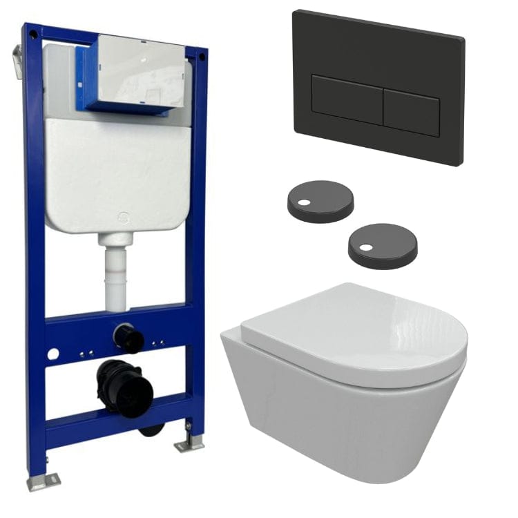 Aquarius Wall Hung Toilet Matt Black / Square Aquarius Urbano Rimless Wall Hung Toilet Pack with Frame, Flush Plate, Soft Closing Seat and Hinge Covers