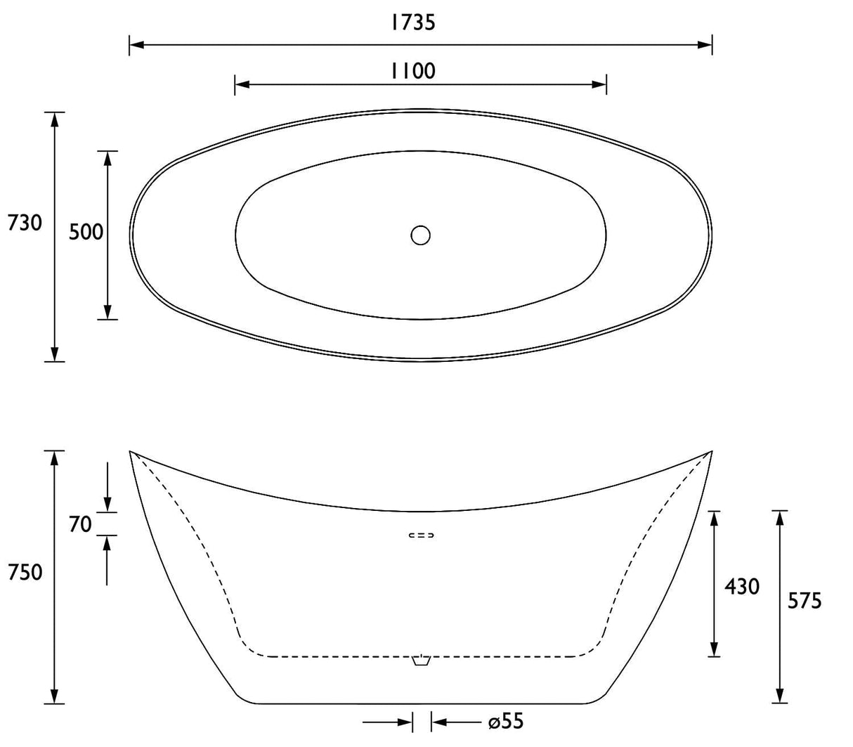 Heritage Modern Freestanding Bath Heritage Pomeroy Double Ended Acrylic Freestanding Bath - 1730mm x 750mm - White