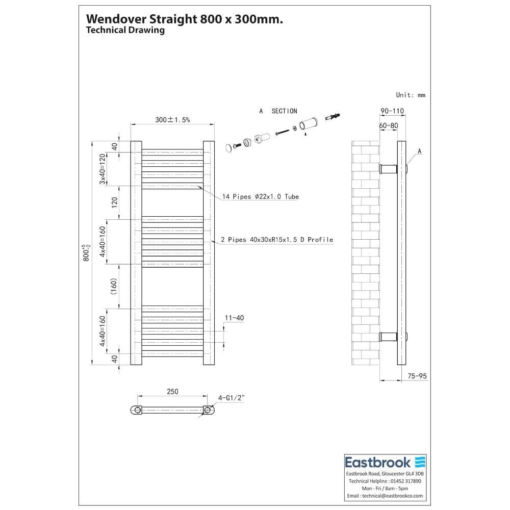 Eastbrook Ladder Rail Eastbrook Wendover Straight Heated Towel Rail in Chrome