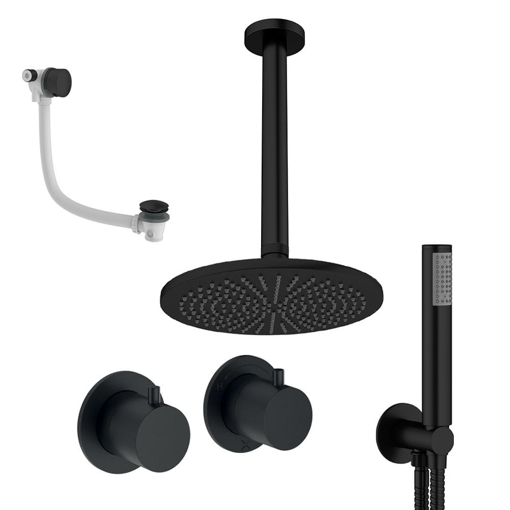 UK Bathroom Store Concealed Shower Set Matt Black / Ceiling Arm / 300mm Crosswater Module Shower Set 6 - 3 Outlet with Overhead Shower, Handset and Overflow Bath Filler