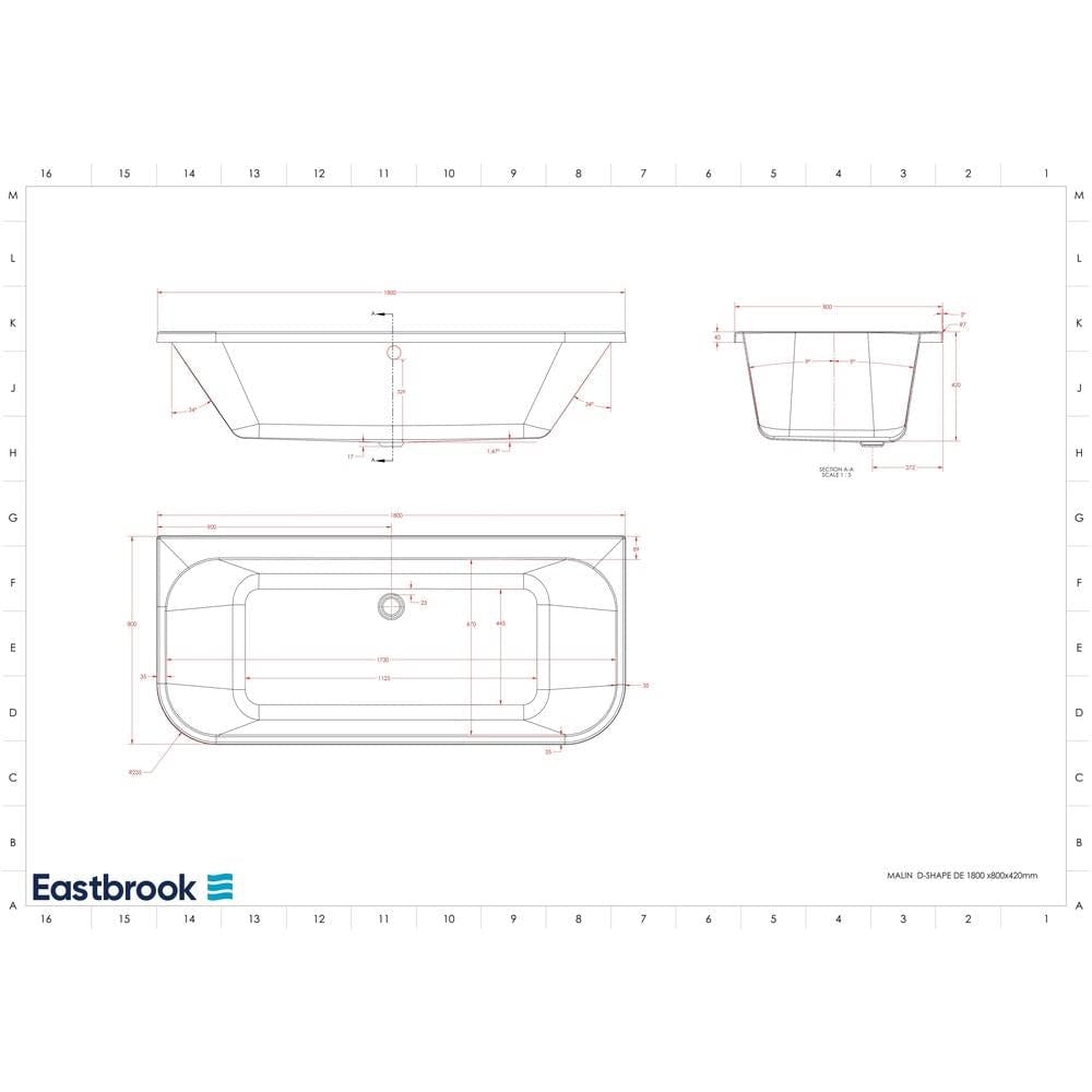 Eastbrook Double Ended Bath 1800 x 800 / 5mm Eastbrook Malin D-Shape Back To Wall Double Ended Bath