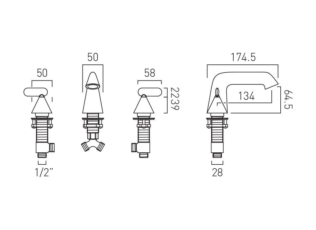 VADO 3 Tap Hole Basin Set Vado Arrondi 3 Hole Lever Handle Basin Mixer Tap in Chrome