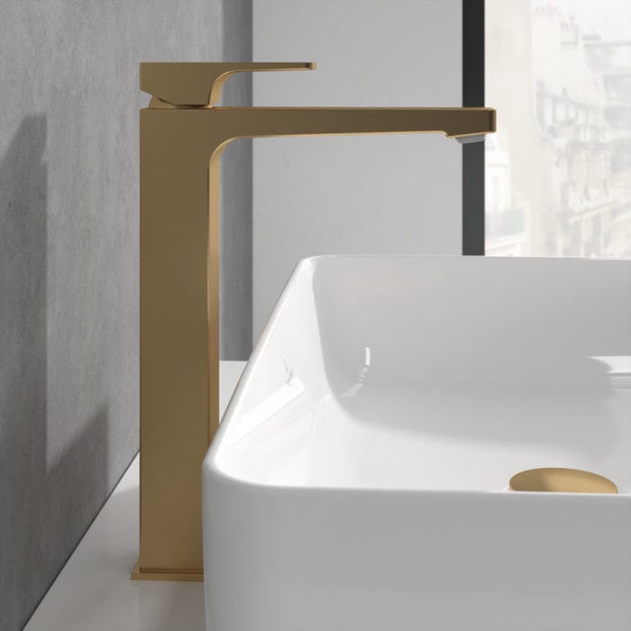Villeroy & Boch Tall Basin Tap Brushd Gold Villeroy & Boch Architectura Square Tall  Basin Mixer Tap with Pop-Up Waste