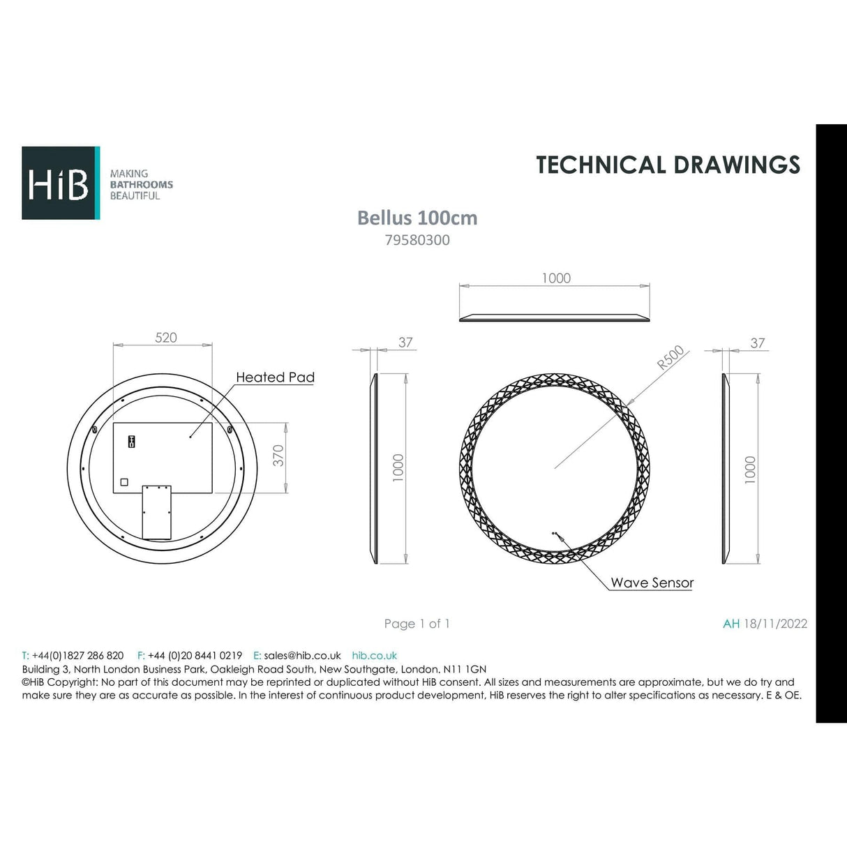 HiB Illuminated Mirror 1000mm HiB Bellus Round LED Illuminated Mirror