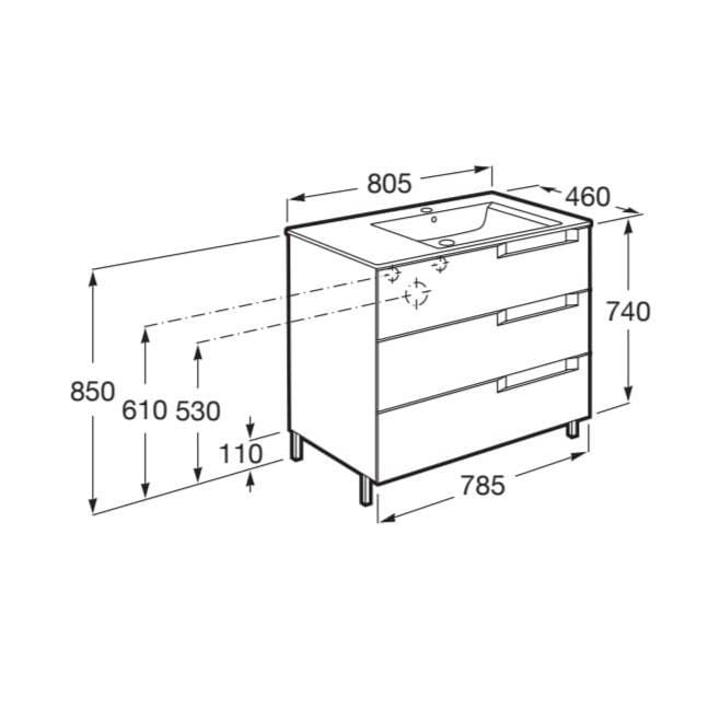 Roca Floor Standing Vanity Unit Roca Aleyda 800mm Floor Standing Three Drawer Vanity Unit with Basin