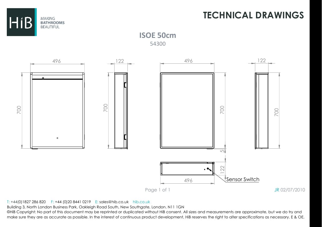 HiB Mirrored Cabinet 500 x 700mm HiB Isoe LED Mirror Cabinet