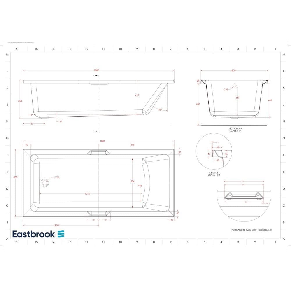 Eastbrook Single Ended Bath 1800 x 800mm / Reinforced Eastbrook Portland Single Ended Bath with Twin Grips