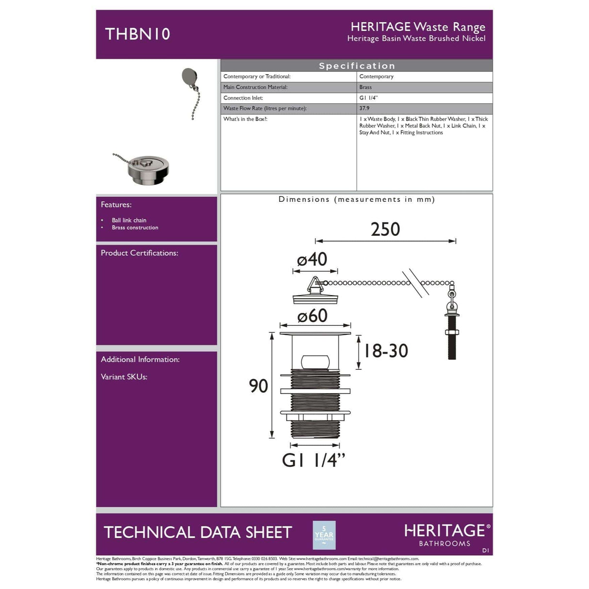 Heritage Basin Waste Heritage Basin Waste with Stowaway Plug and Chain