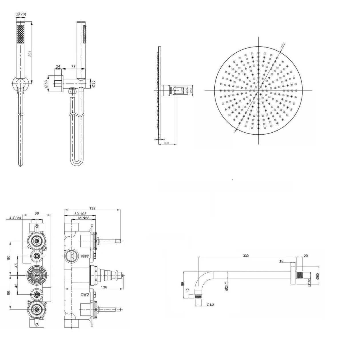 Crosswater Concealed Shower Set Crosswater MPRO 2 Outlet 3 Handle Thermostatic Shower Valve with Kit