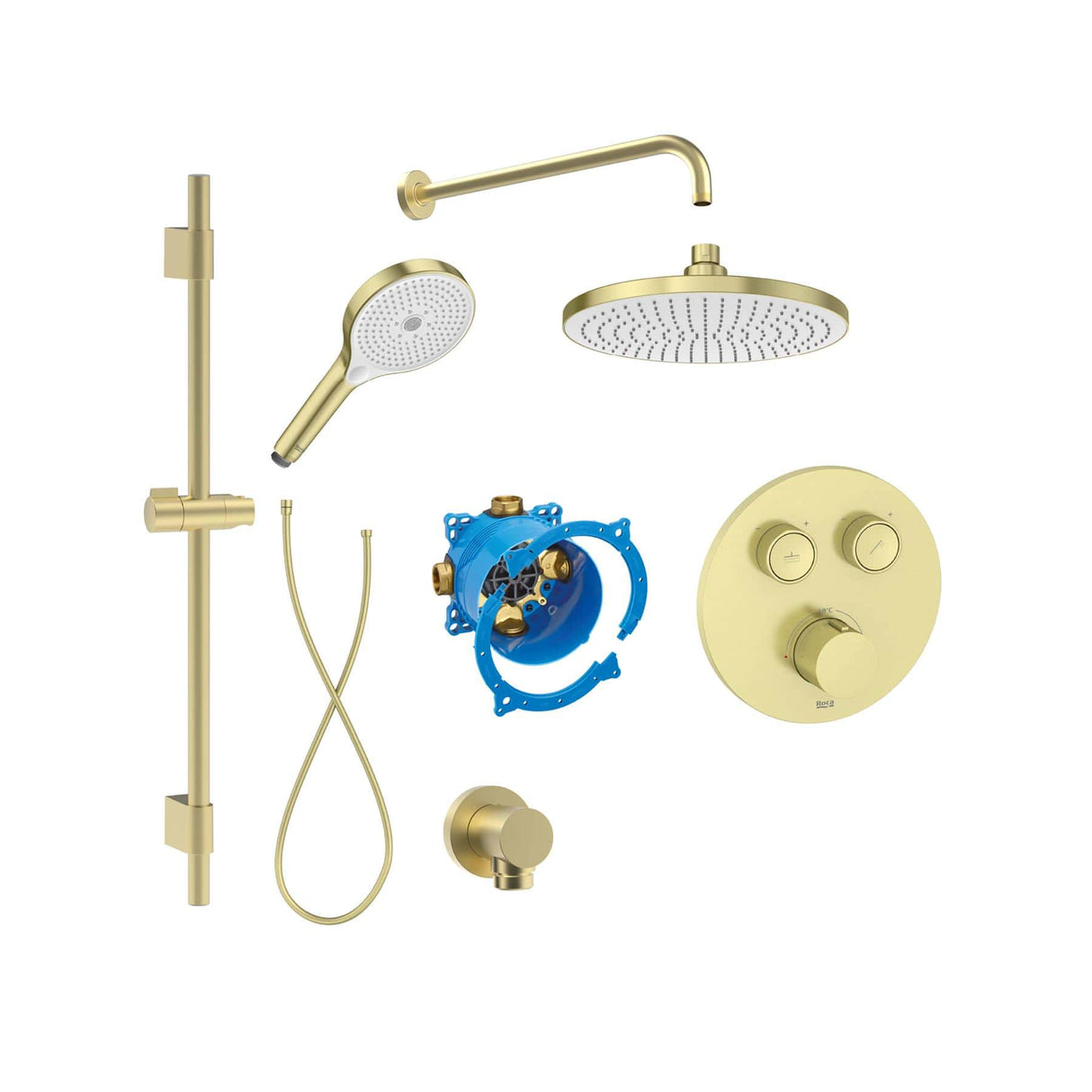 Roca Concealed Shower Set Brushed Brass Roca T-3000 Round Switch Thermostatic Concealed Shower Valve with Rainshower Head, Shower Handset and Slide Rail Set