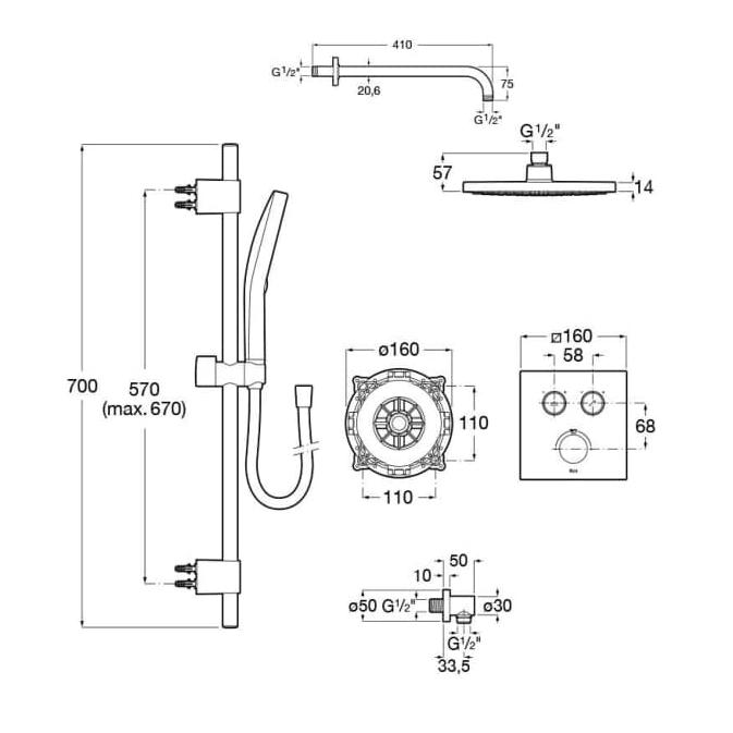 Roca Concealed Shower Set Roca T-3000 Square Switch Thermostatic Concealed Shower Valve with Rainshower Head, Shower Handset and Slide Rail Set