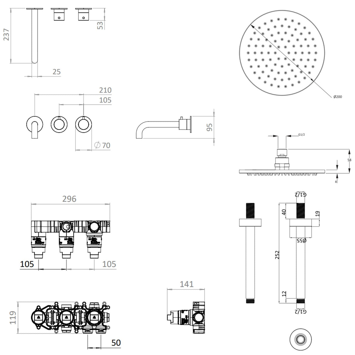 UK Bathroom Store Concealed Shower Set Crosswater Module Shower Set 3 with Fixed Overhead Shower and Bath Spout