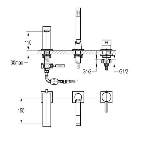 Flova 3 Tap Hole Bath Set Flova Str8 3 Hole Bath and Shower Mixer with Shower Set in Diamond Chrome