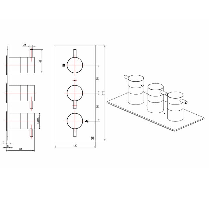 Crosswater Concealed Shower Valve Crosswater MPRO 2 Outlet, 3 Handle Concealed Thermostatic Shower Valve