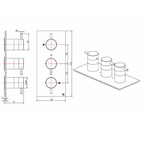 Crosswater Concealed Shower Valve Crosswater MPRO 2 Outlet, 3 Handle Concealed Thermostatic Shower Valve