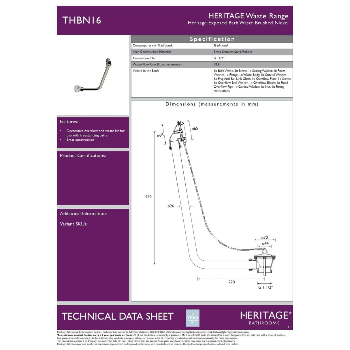Heritage Exposed Bath Waste Heritage Exposed Bath Waste with Stowaway Plug and Chain