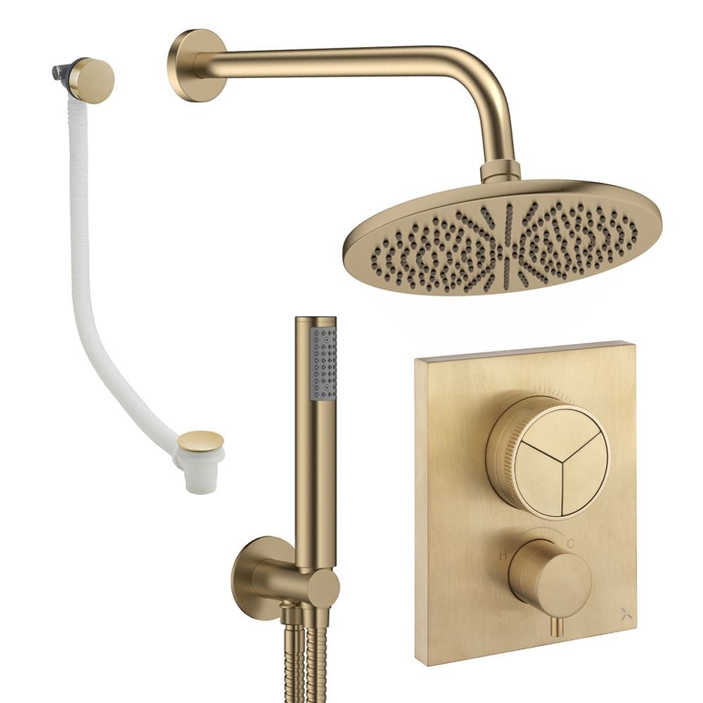 UK Bathroom Store Concealed Shower Set Brushed Brass / Wall Arm / 300mm Crosswater Crossbox Push Shower Set 7 - 3 Outlet with Fixed Overhead Shower, Pencil Handset and Overflow Bath Filler Waste