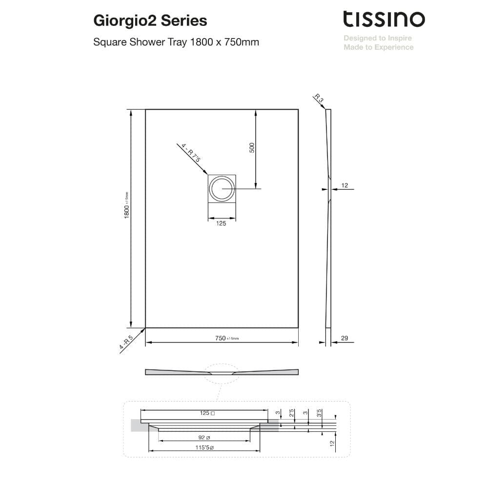 Tissino Rectangle Shower Tray 1800 x 750mm Tissino Giorgio2 Rectangle Shower Tray in White Slate