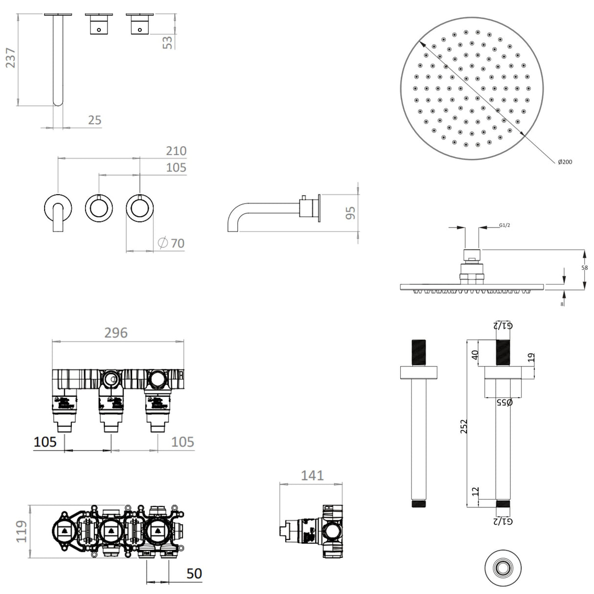 UK Bathroom Store Concealed Shower Set Crosswater Module Shower Set 3 with Fixed Overhead Shower and Bath Spout