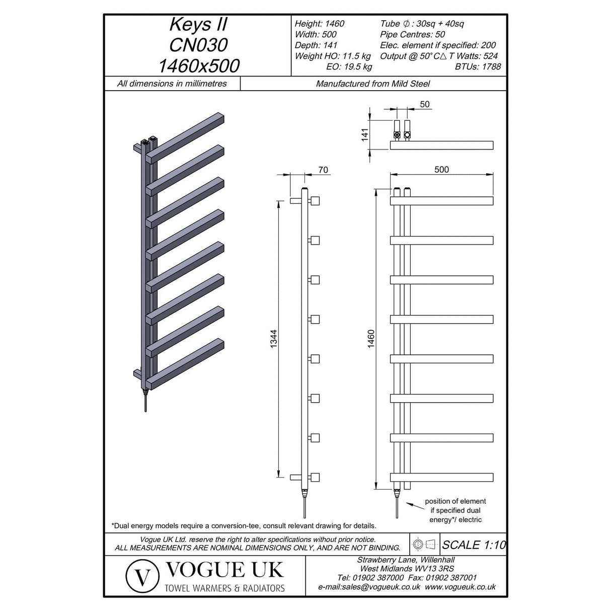 Vogue Designer Towel Radiator 1460 x 500 / Electric Only Vogue Keys II Straight Designer Towel Radiator in Chrome