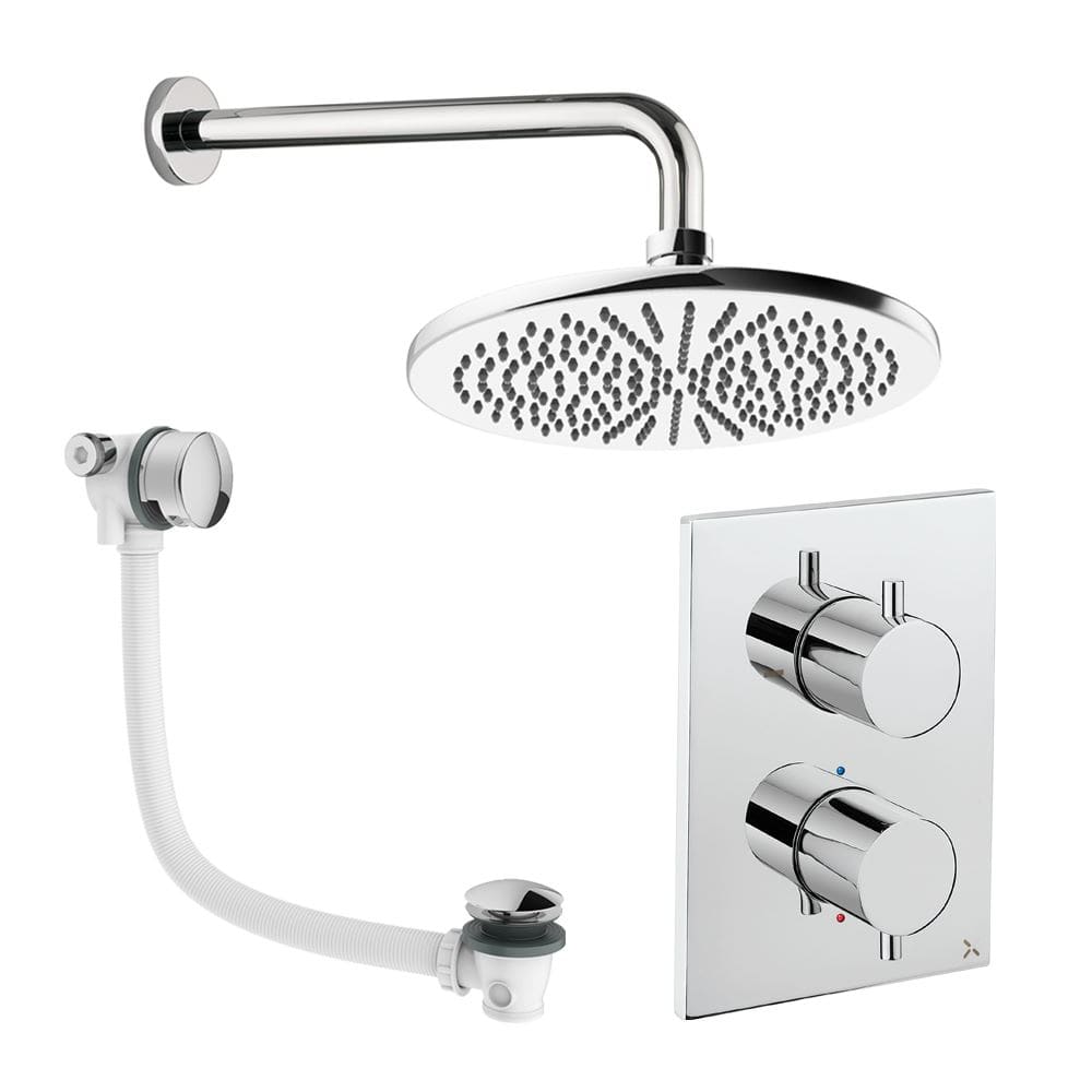 UK Bathroom Store Concealed Shower Set Chrome / Wall Arm / 300mm Crosswater Crossbox Shower Set 7 - 2 Outlet with Fixed Overhead Shower and Overflow Bath Filler Waste